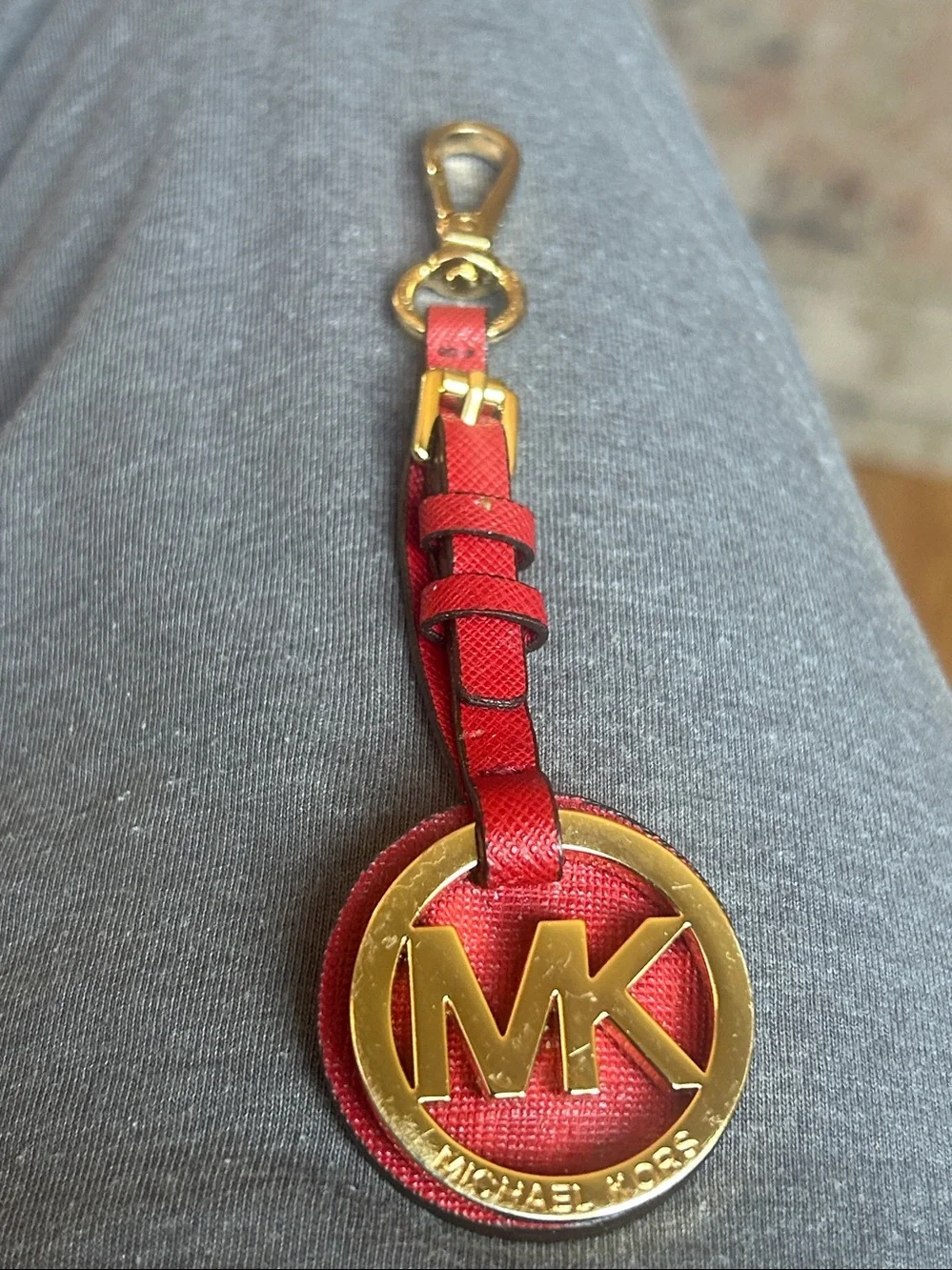 Michael Kors Red Leather MK Logo Keyring with Gold Hardware